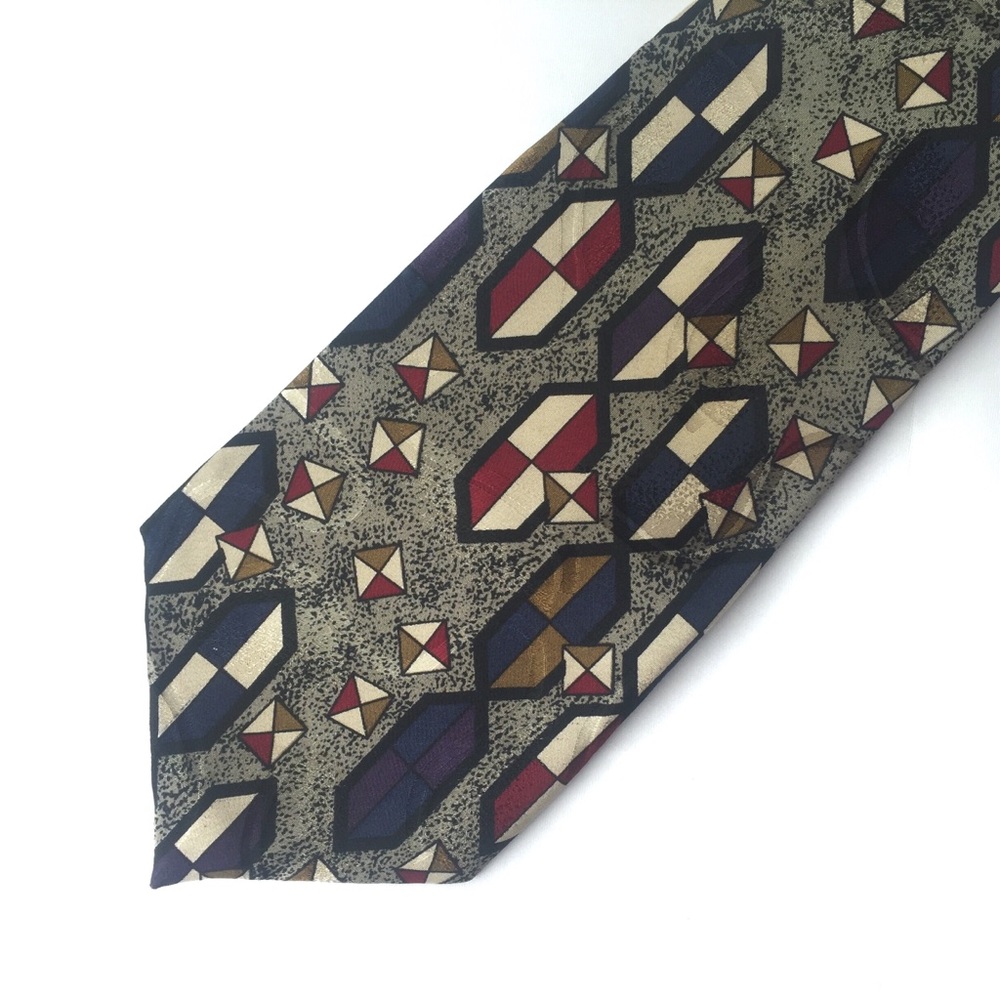 Vintage MARTIN WONG NAPA CA Silk Tie Geometric Gray With Multicolors
